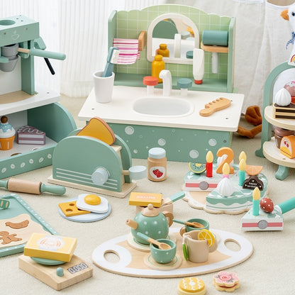 Simulation Children Play House Afternoon Tea Dessert Cake Tea Making Pot And Cup Tea Set Wooden Toys Suit